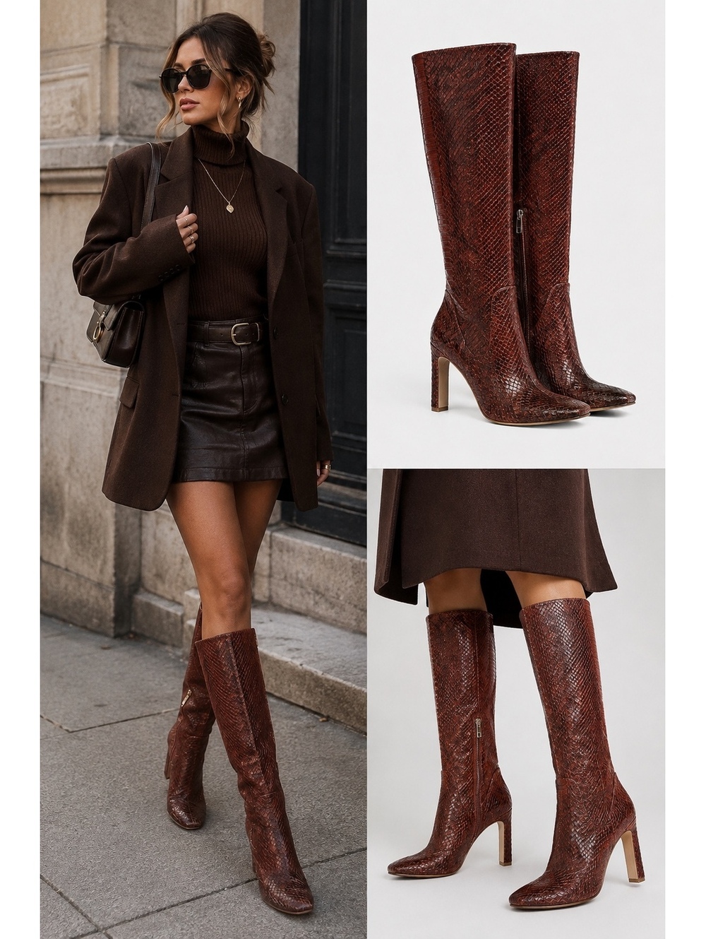 Franco Sarto Croc Embossed Leather Knee High Boots | Size 8.5 | Cognac Brown